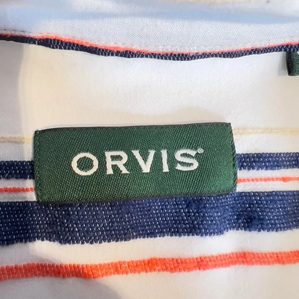Orvis Button Shirt Men's XXL White Blue Orange Stripe Short Sleeve Linen Feel